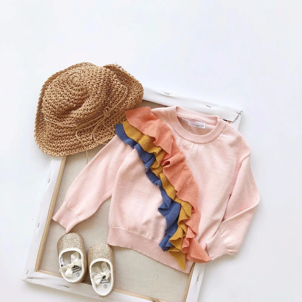 

New spring knitted girl sweater thin design spring kids tops ruffles pullover girls sweater