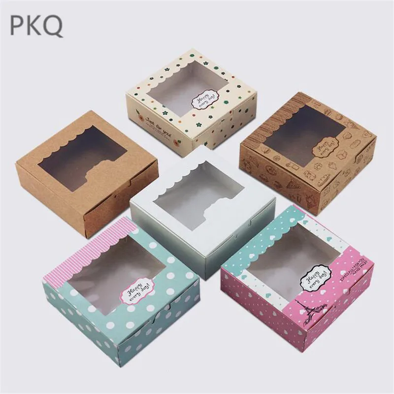 

10pcs 6 color Kraft Paper cake box with clear pvc window, Cookies Biscuit cupcake paper box,window gift packaging box for cake