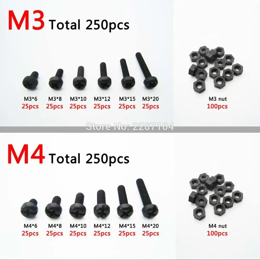 250 шт. кабельные наконечники в наборе для смешанный набор черный пластиковый нейлоновый Метрическая резьба M3 M4 Phillips сковорода с полукруглой головкой болт с шестигранной гайкой