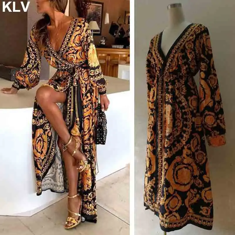 

Womens Long Sleeves Vintage Palace Style Maxi Long Dress Sexy Deep V-Neck High Split Belted Glitter Print Banquet Party Clubwear