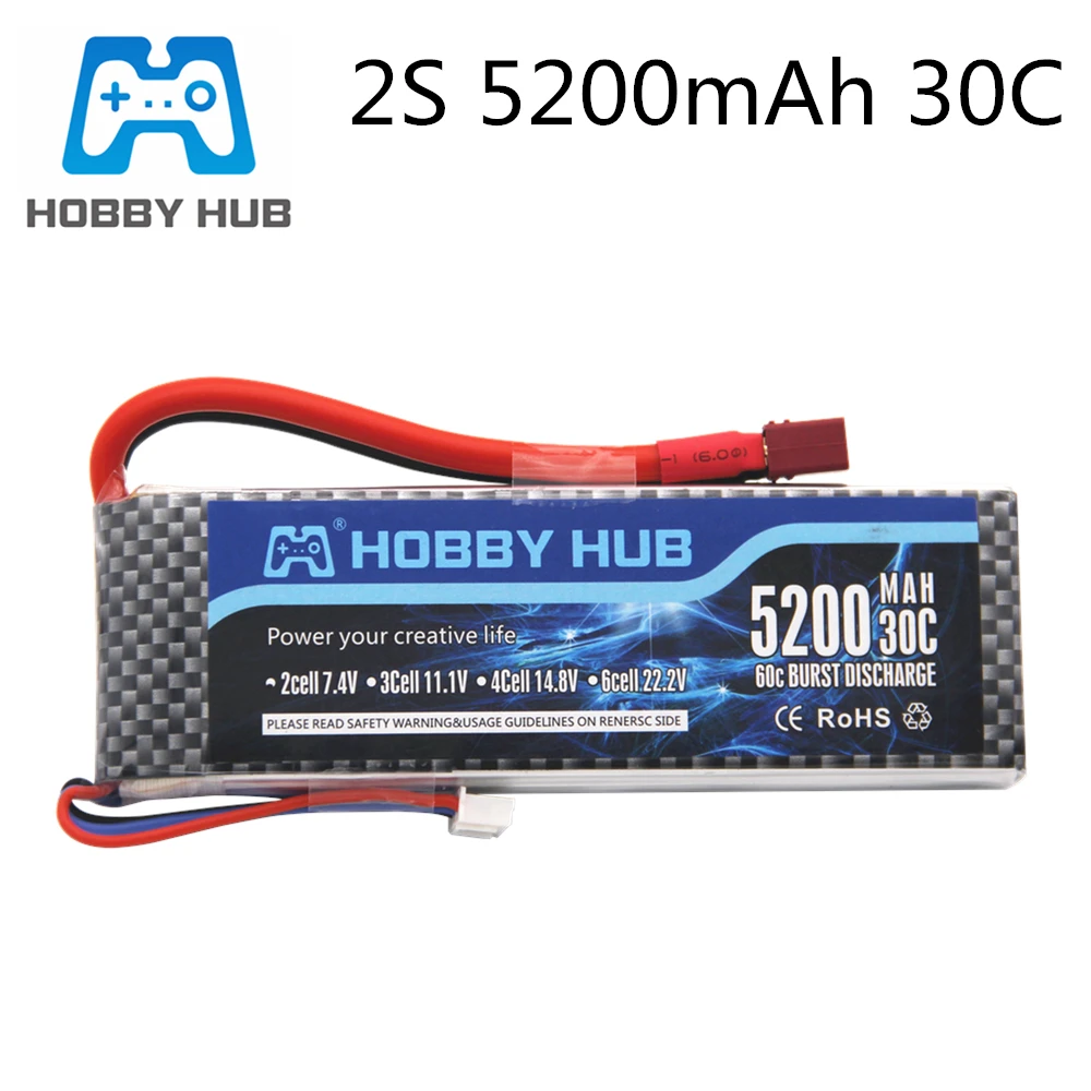 

7.4V 5200mAh 30c Lipo Battery For RC Cars Robot Airplane Parts 2s Lithium battery 7.4v RC Drone Battery 1Pcs