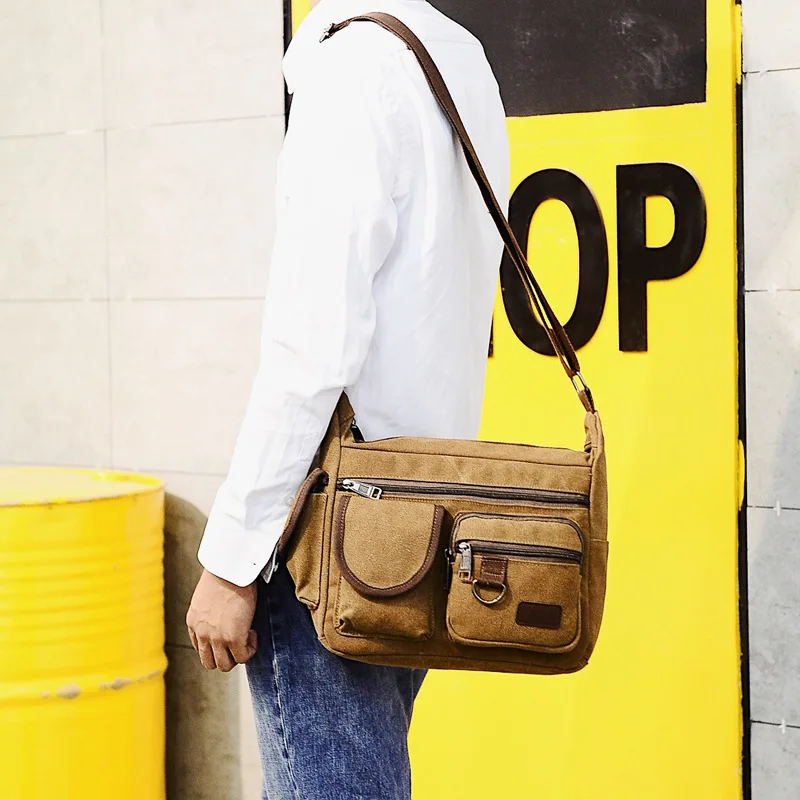 قماش حقائب كتف للرجال الألوان الصلبة حقيبة ساع قوي حقائب مصنوعة من القماش خمر نمط Crossbody أكياس 2018 متعددة جيوب