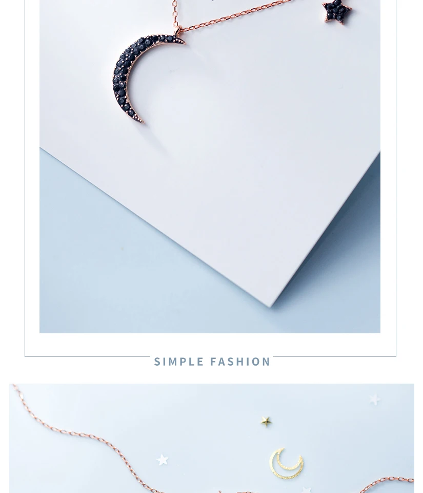 New Minimalist Jewelry Women's Fashion 925 Sterling Silver Moon Star Pendant Chokers Necklace Girl Lady Collier Argent 925 Vrai (6)