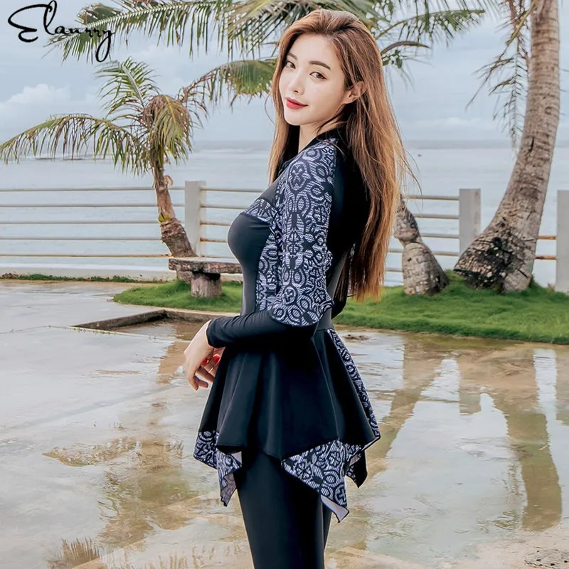 Female Surfing Suit Long Sleeves Print Bathing Suit 3 Pieces Padded Flouching Bodysuits Swimwear Beach Rashguards M-2XL