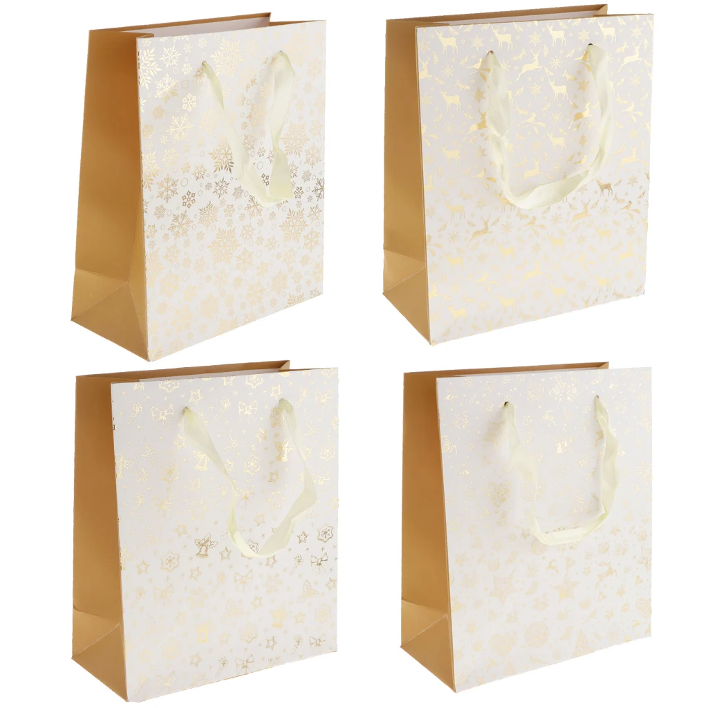 12pcs Christmas  Santa Claus Deer Snowflake Paper Gift Bags Handle Tote Bags Party Favor