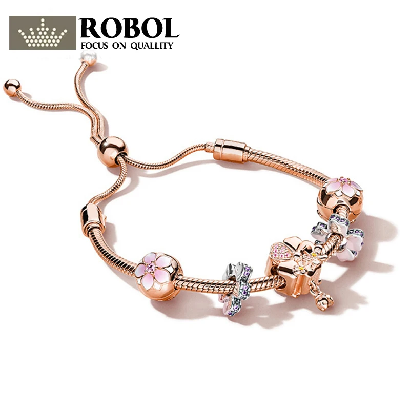 

ROBOL 100% 925 Sterling Silver Brand New Bracelet Set Magnolia Flower and Ever Blooming Charm Rose Gold Bracelet Set Elegant
