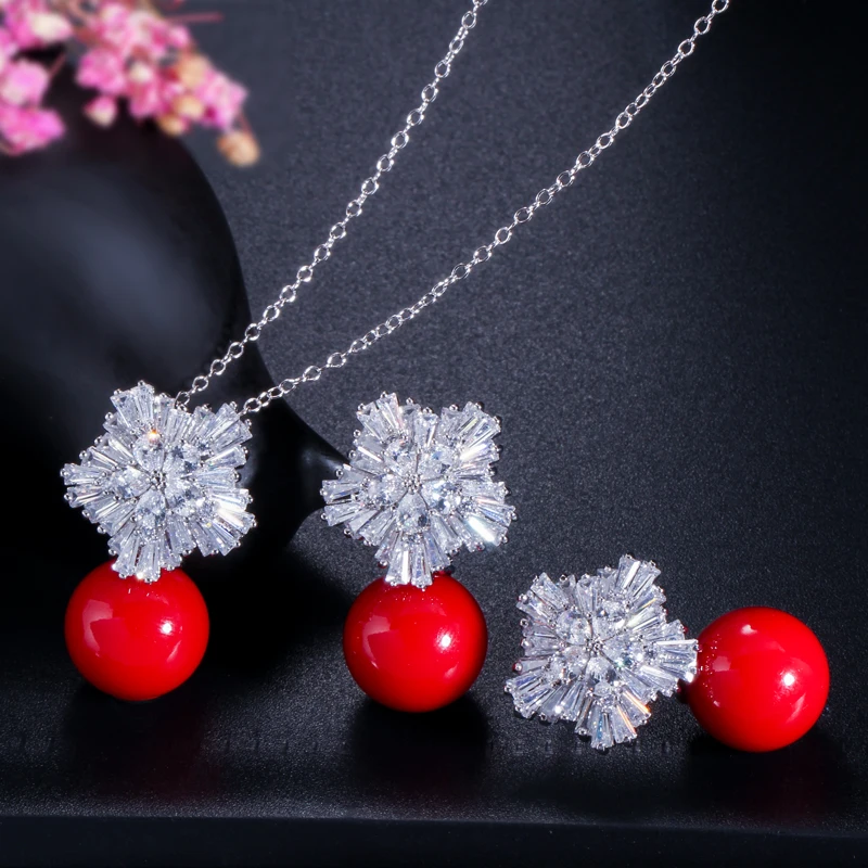 CWWZircons высокое качество серебристый цвет ААА+ кубический цирконий цветок для женщин Большой жемчуг ожерелье кулон и серьги Ювелирные наборы T049