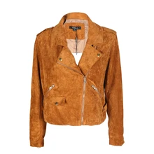 Имитация замши байкерская куртка Для женщин отложным воротником Подпушка воротник на молнии с длинными рукавами Двигатель Street Wear осень-зима Короткое пальто ta02800027