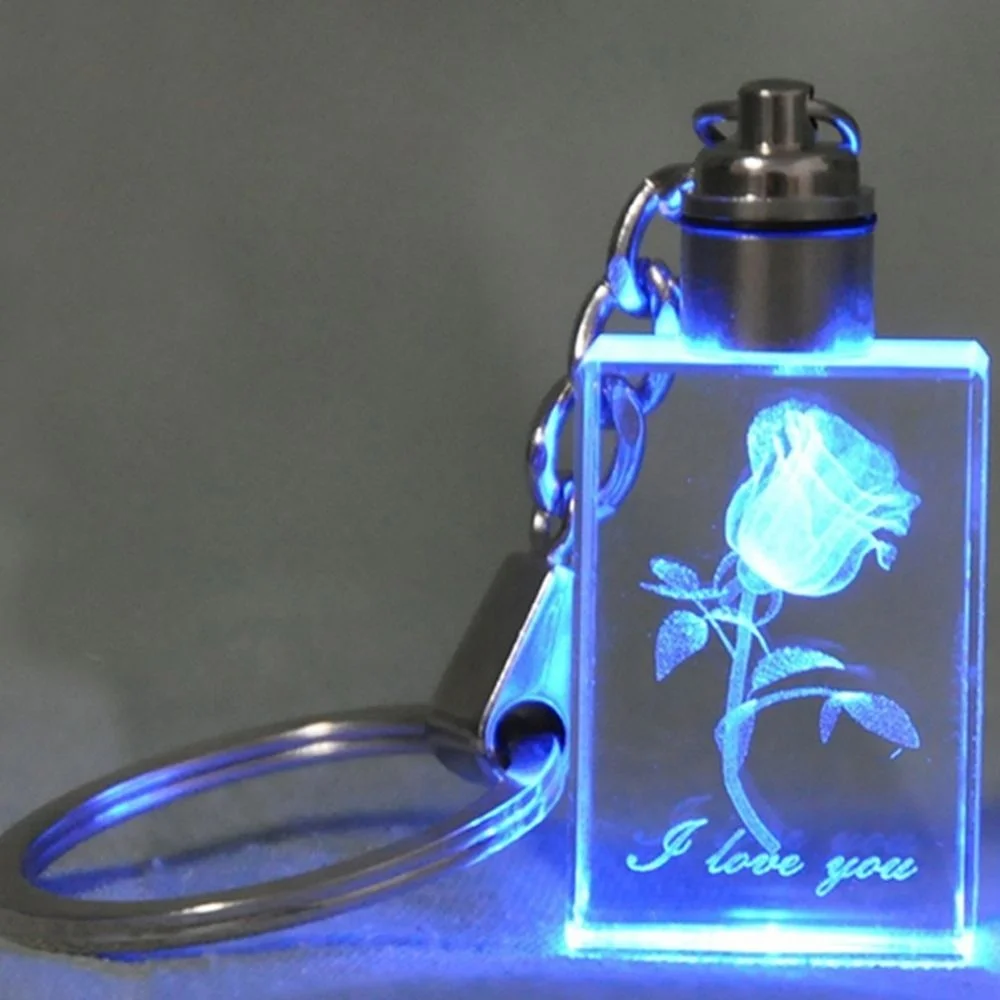 

Fashion Laser Etched Engraved Colorful Fairy Rose Flower Pattern Crystal Rhinestone LED Light keychain Lover Key Chain
