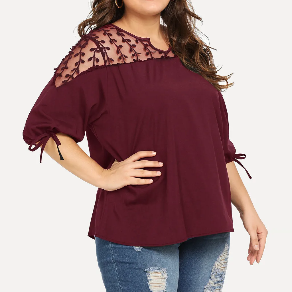 Plus Size Summer Fashion Casual Chiffon Tops Bow Blouse Mesh Tee Top Female Women's Half Sleeve Shirt  