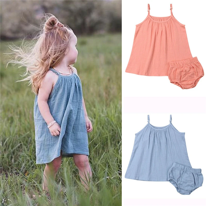 

2019 Toddler Kids Baby Girls Clothes Set Summer Sleeveless Solid Cotton Tops Shorts Costume Clothing Outfit Suit 2Pcs 1-6T