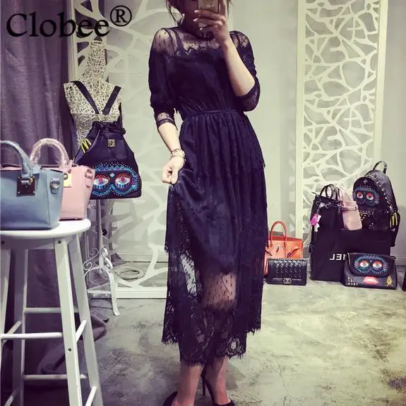 

Vestido 2019 Summer Autumn White Princess Lace Dress Sexy Elegant Female Cloth Lolita Stand-collar Beach Black Dress WQ493