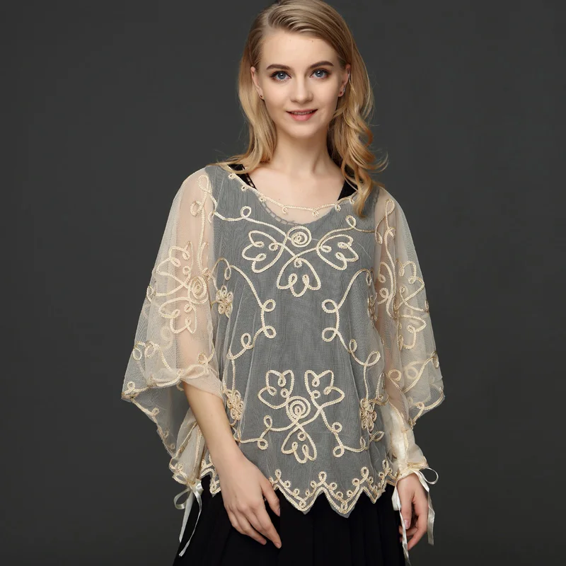 

Summer Casual Loose Oversized Thin Mesh Embroidery Floral Batwing Cloak Cape See-Through Lace Poncho Jacket Feminino