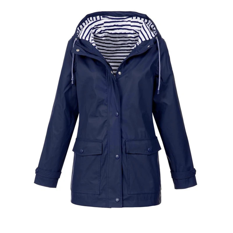 HCXY Autumn Womens Rain Coat Waterproof Raincoat Solid Color Outdoor Hooded Outerwear Coats Plus Size