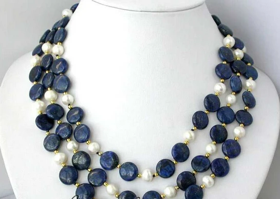 

ddh002071 3row 12mm coin lapis lazuli white freshwater pearl necklace