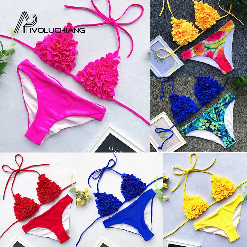 

Lace Red Print Bikinis 2019 Mujer Halter Micro Bathing Suit Push Up Bandage Swimsuit Female Swimwear Women Ruffles Beach Wear