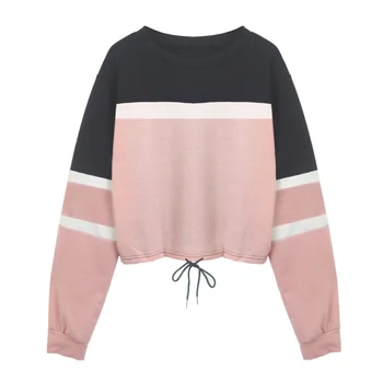 

Women Autumn Winter O-neck Plus Size Loose Long-sleeved Short Colorblocking Bandage Sweatshirt Sweet Tops 2018 newest T8