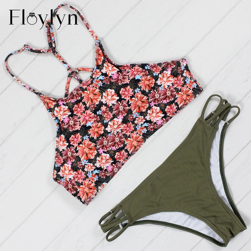 Бикини пуш-ап женское с высокой горловиной и цветочным принтом | Женская одежда