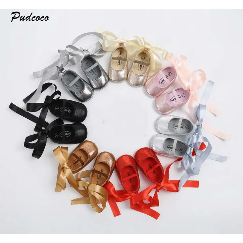 

Pudcoco 2018 Toddler Girl Crib Shoes Newborn Princess Lace-up Bling Bowknot Flower PU Soft Sole Anti-slip Baby Sneakers 0-18M