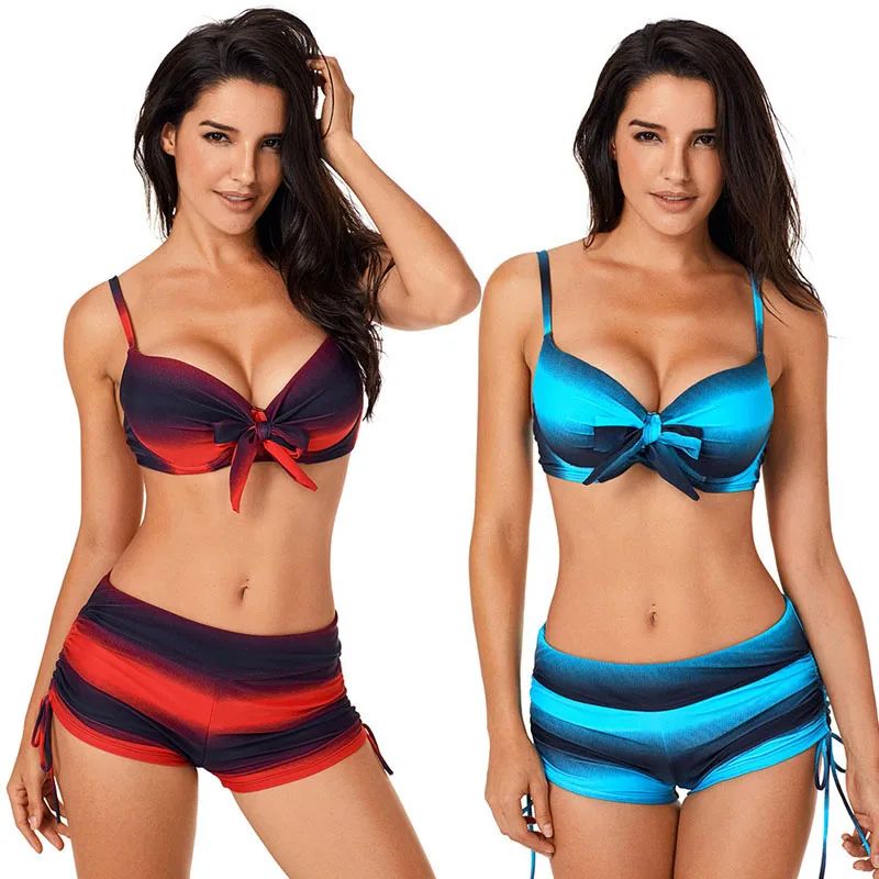 

2019 Newly 2pcs/set Women Tankinis Swimsuit Gradient Color Strappy Backless Low Waist Boxers