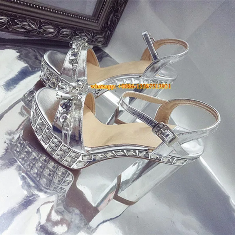 

Summer Hot Selling 14CM High Heel Silver Patent Leather Sandals Chunky Heels Shining Beaded Bridal Shoes Diamond Evening Pumps