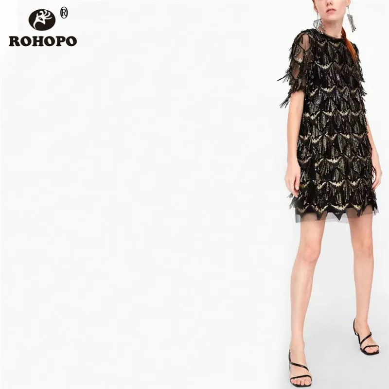 

ROHOPO Women Double Layers Sequined Lace Dress Summer Sexy Holow Embroidery Mesh Party Knee Length Black Vestido #UK8646