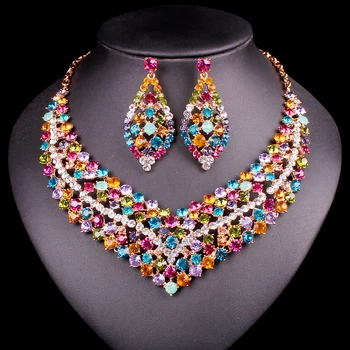 

Luxury Crystal Indian Jewelry Sets Wedding Jewelry Necklace Earring set Dubai Gold Accessories For Women Statement Earrings