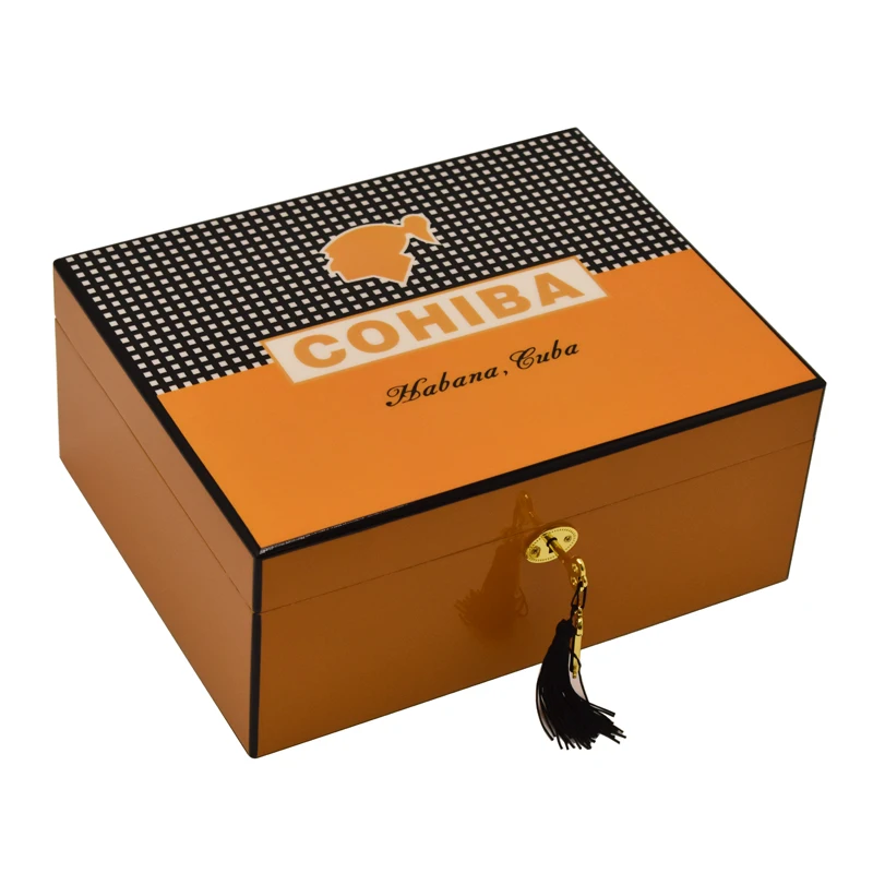 

COHIBA Elegant Yellow Gloss Cigar Humidor Cedar Wood Cigars Case Box W/Lock Humidifier Hygrometer Large Sigaren Humidor Box