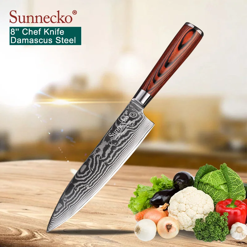 SUNNECKO 8&quot inch Chef's Knife Kitchen Knives Japanese Damascus VG10 Steel Sharp Strong Blade Cutting Tools Pakka Wood Handle |