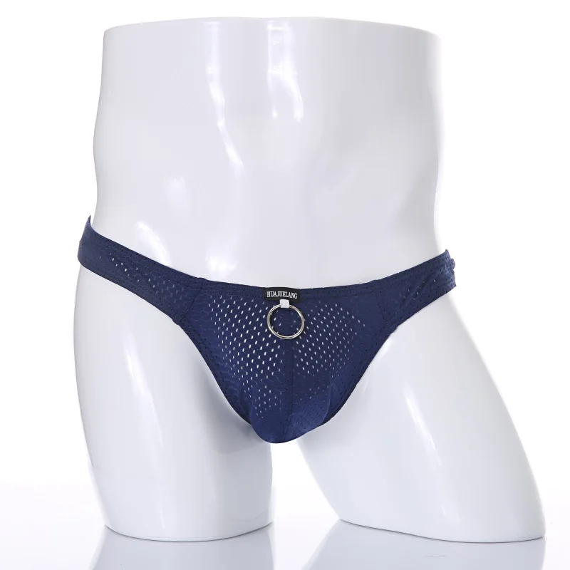 

Sexy Men Underwear Briefs cueca Male Pouch Hollow Panties T Back Thongs Gay Men Underwear Mesh Breathable Metal Hoop Ring Decorl