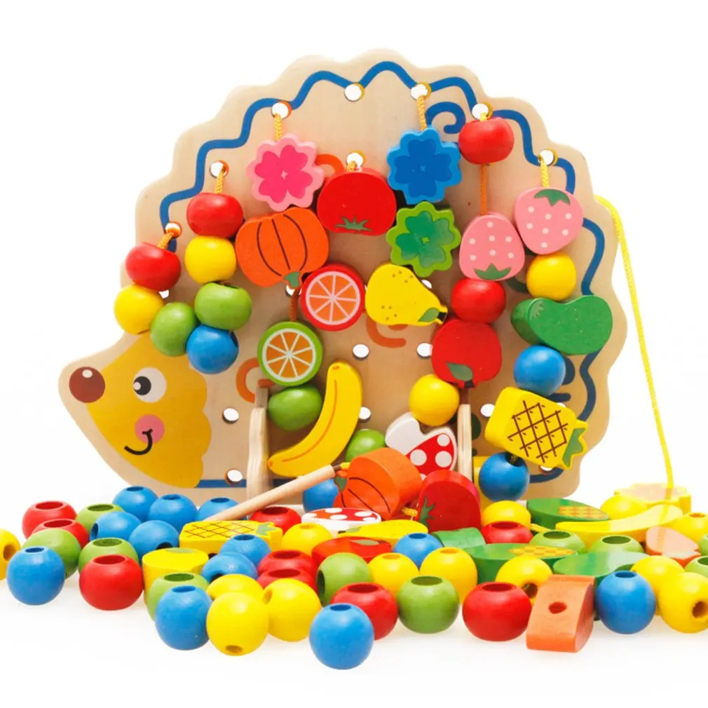 Деревянные строительные блоки в виде Ёжика, фрукты, овощи, бусины, строительные нити, игрушки, ранние Развивающие головоломки, игрушки для детей, подарки