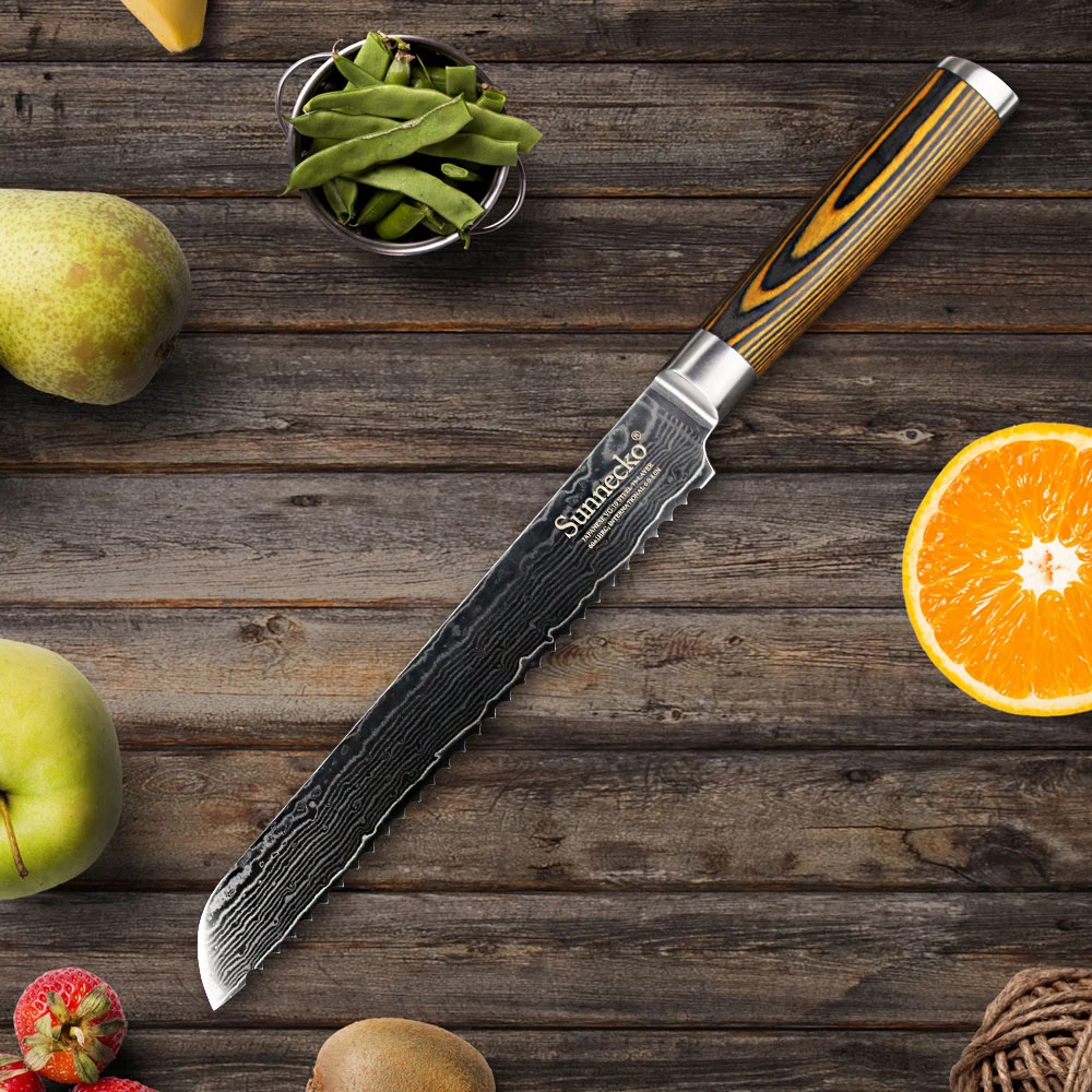 

SUNNECKO 8" inch Bread Cake Knife Damascus Steel Blade Kitchen Knives Sharp Japanese VG10 Color Wood Handle Sharp Cutter