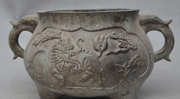 

12" old chinese bronze beast head Kirin Kylin pine statue incense burner Censer