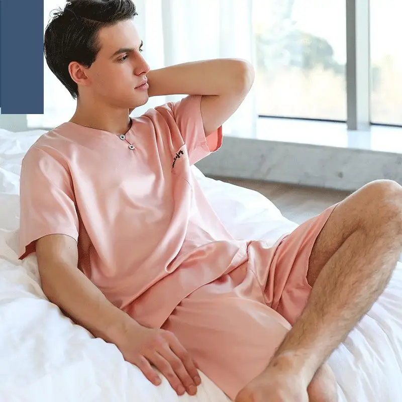 

O Neck Summer Pijamas Men Three Quarter Sleeve Sexy Pajamas For Men Silk Pajama Suit Silk Men Pijama Sleep Clothes Man 1267