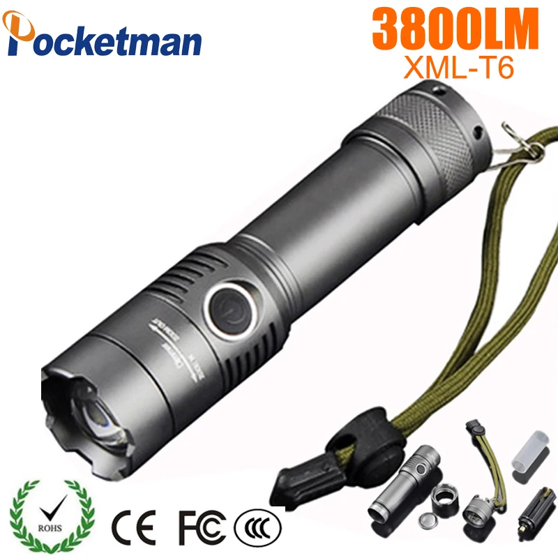 

3800 Lumens Powerful LED Flashlight T6 Rechagerable Keychain Torch 3 Modes Tactical Flashlight Zoomable Torche Lampe ZK50