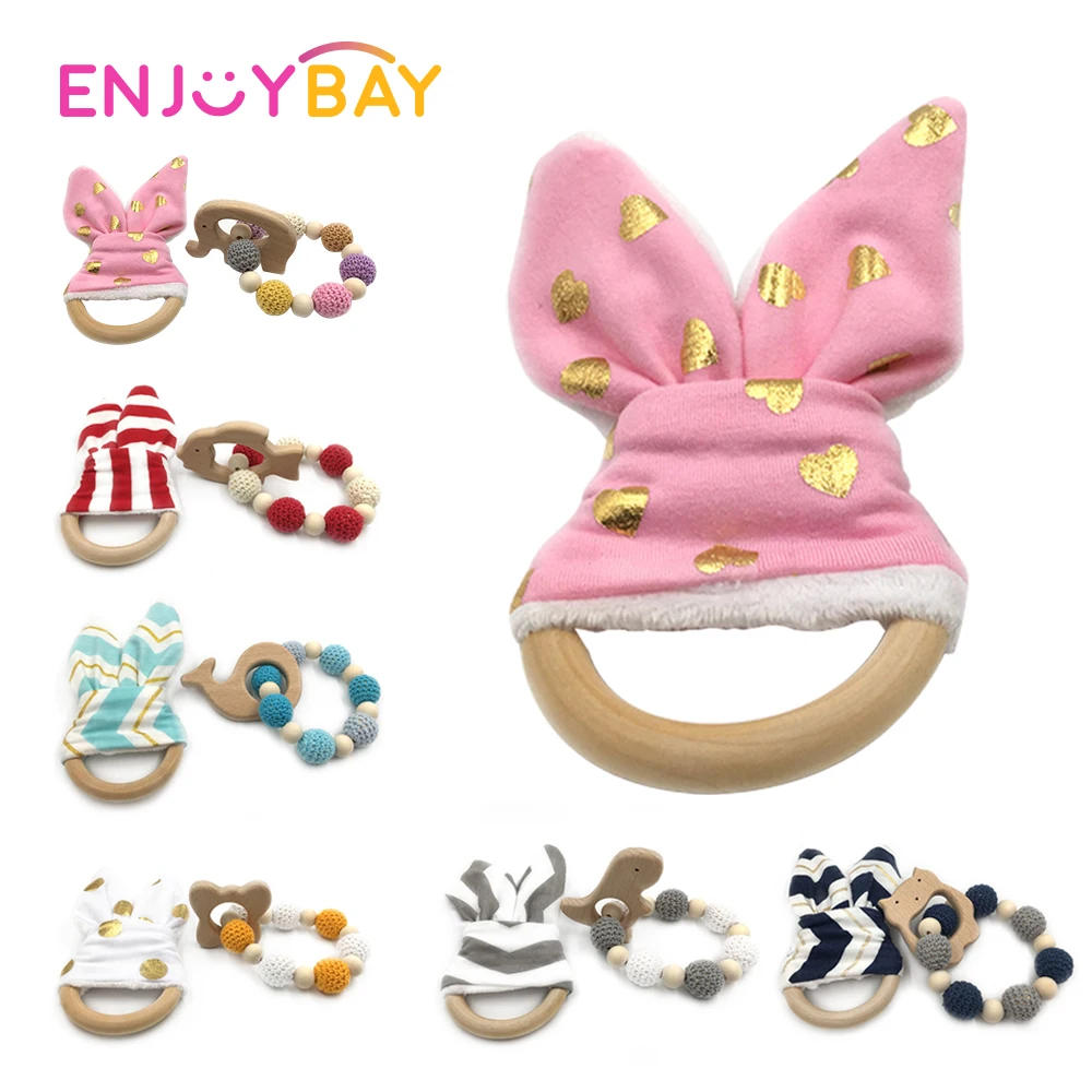 

Enjoybay 2pc/set Baby Wooden Teething Rings Bunny Ear Teether Wooden Bracelets Non-toxic Natural Wood Teething Toy Newborns Gift