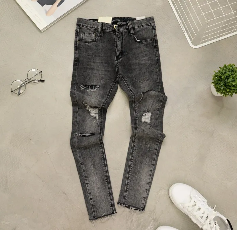 Fashion High Waist Smoke Gray Hole Jeans Women Elastic Skinny Jeans Denim Pants Pencil Pants Plus Size Pencil Trousers