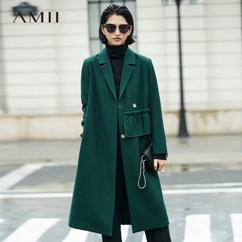 

Amii Causal Wool Coat Women Winter 2018 High Quality Solid Pockets Turn-down Collar Loose Fashion Female Long Woolen Jacket Coat