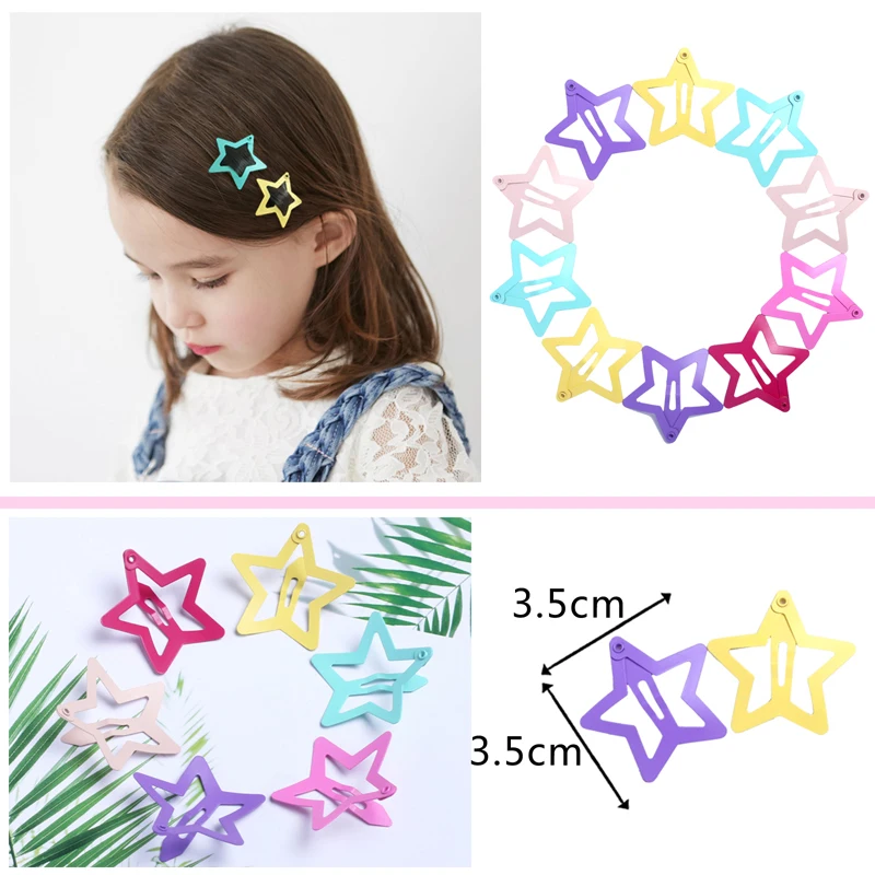 12pcs Snap Hair Clips for Baby Girls Children Hair Styling Tools Cute Star Clip Pins Hairdressing Hairpins Color Metal Barrettes