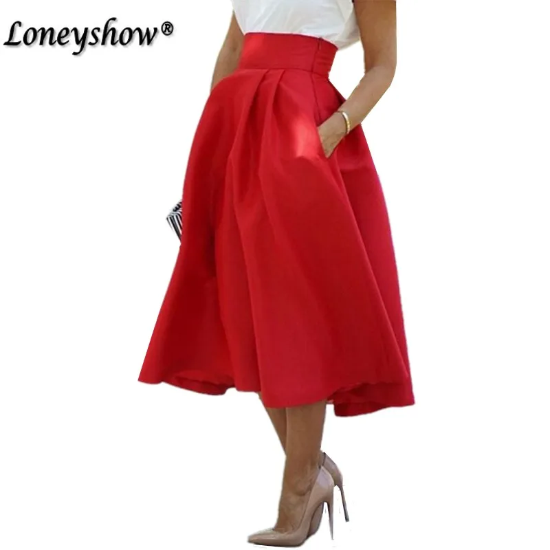 

Loneyshow Red Skirt High Waisted Skirts Womens White Long Bottoms A line Pleated Skirt Saia Preta Red 2017