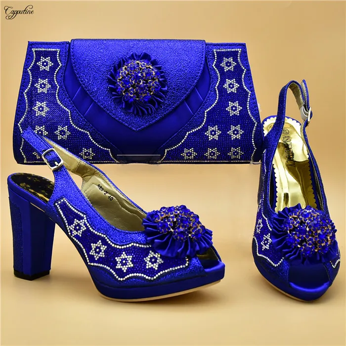 Popular royal blue high heel evening shoes and handbag set nice matching for party dress 888-1 heel height 10cm