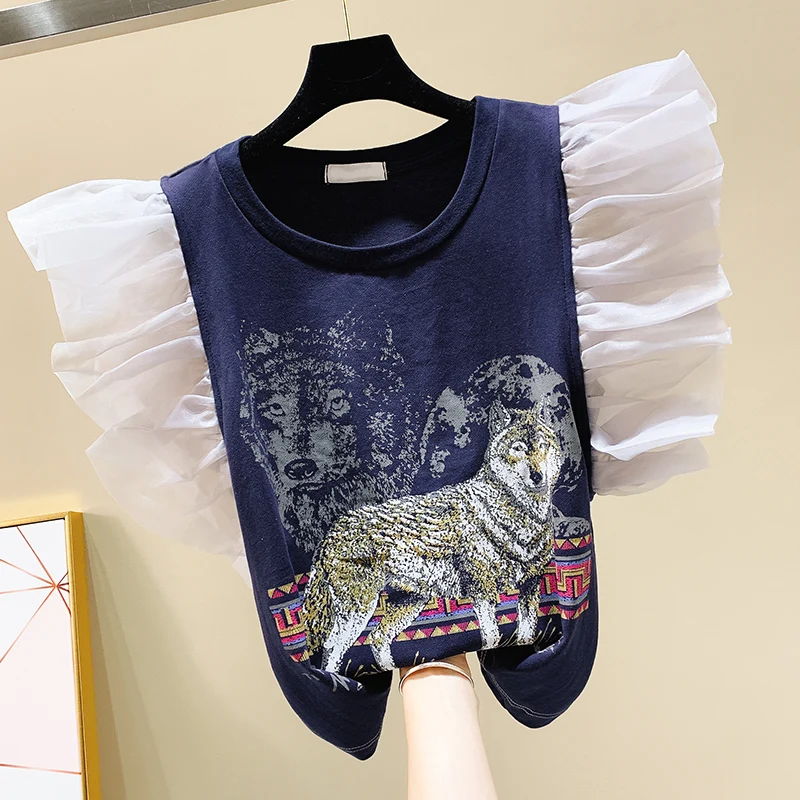 

MUMUZI Print Animal Casual Harajuku Women T-Shirt Summer Short sleeve Casual Round neck ruffles Clothes China Top Mode Femme