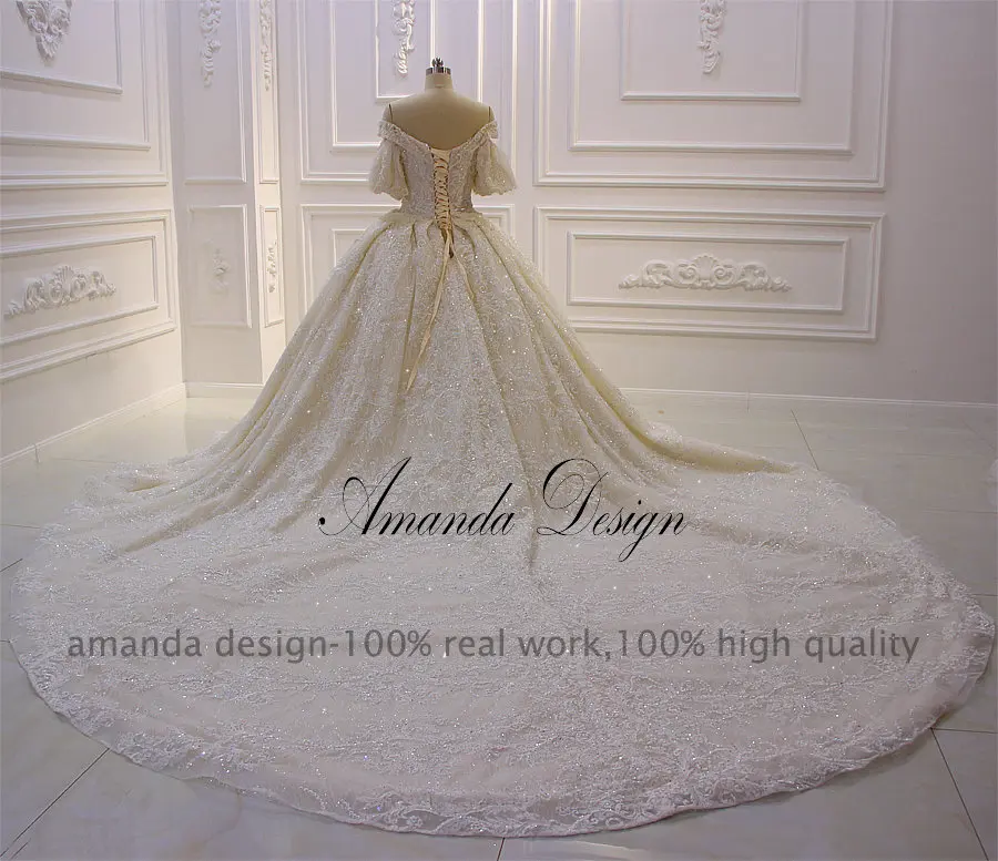 Аманда дизайн gelinlik с открытыми плечами Роскошный Кристалл шампанского с пышными рукавами свадебное платье