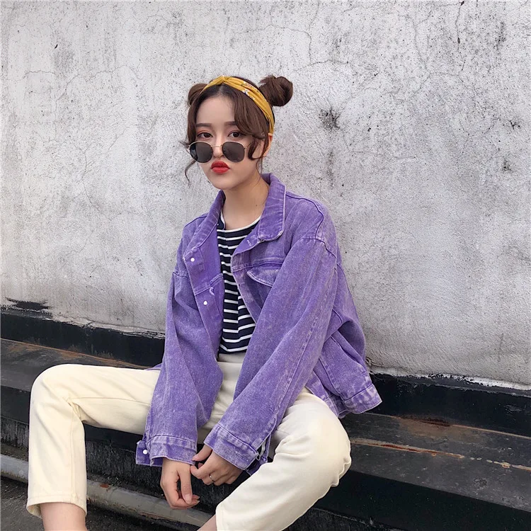 Джинсовая женская куртка осень, модная свободная ковбойская Женская одежда в Корейском стиле, фиолетовые короткие куртки больших размеров A9124
