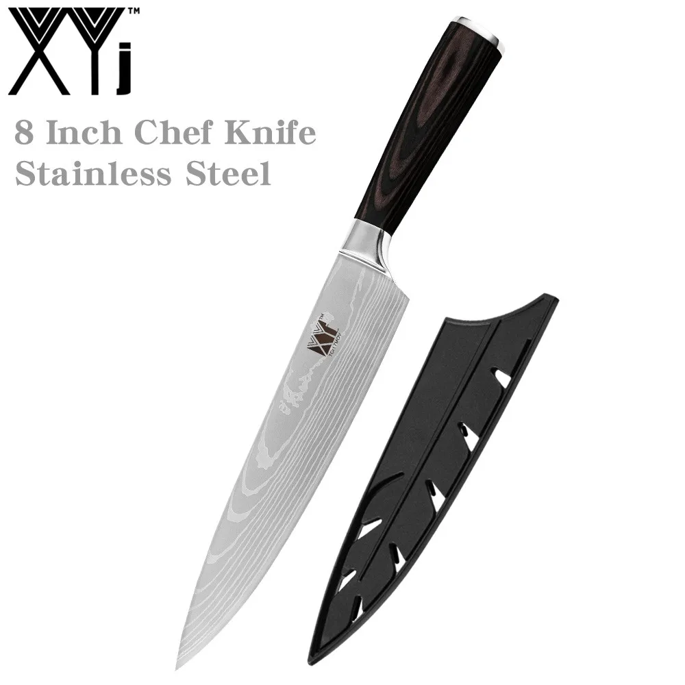 XYj 8 inch Stainless Steel Chef Knife Damascus Pattern Blade Color Wood Handle Kitchen Cooking Knives Meat Fish Tools Accessory - Color: NO.8