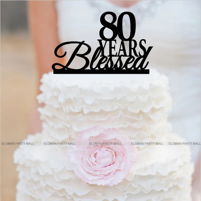 ELOMAN '40, 50, 60, 70, 80, 90 лет Blessed' Топпер для торта на день рождения, черные акриловые украшения для торта на день рождения