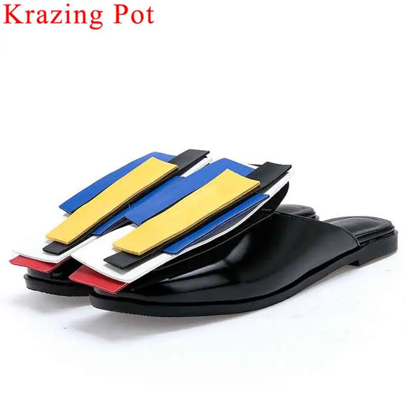 

Krazing Pot mixed colors high quality pu low heel women pumps classic psquare toe slip on mules elegant lady big size shoes L7f2