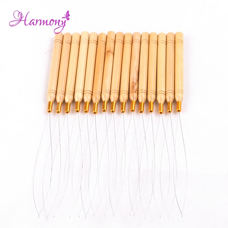 50pcs Hair Extension Hook Pulling Tool Needle Threader Micro Rings Beads Loop Wooden Handle With