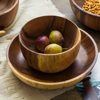 

Japan Style Acacia Wood Bowl Solid Wooden Family Fruit Salad Bowl for Soup/Rice/Instant Noodles Flat Base Bowl Friendly Material