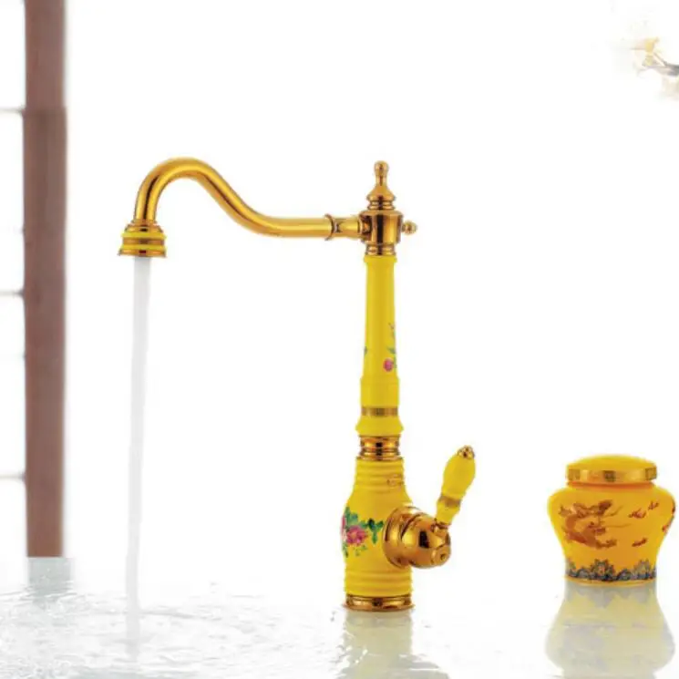 

Free Shipping Brass Torneira Cozinha with porcelain Kitchen Faucet/Single Handle Gold Finish Basin Sink Faucet Mixers Taps